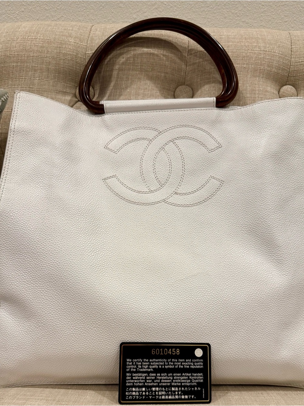 Vintage Chanel White Caviar Leather CC Tote with Resin Handles